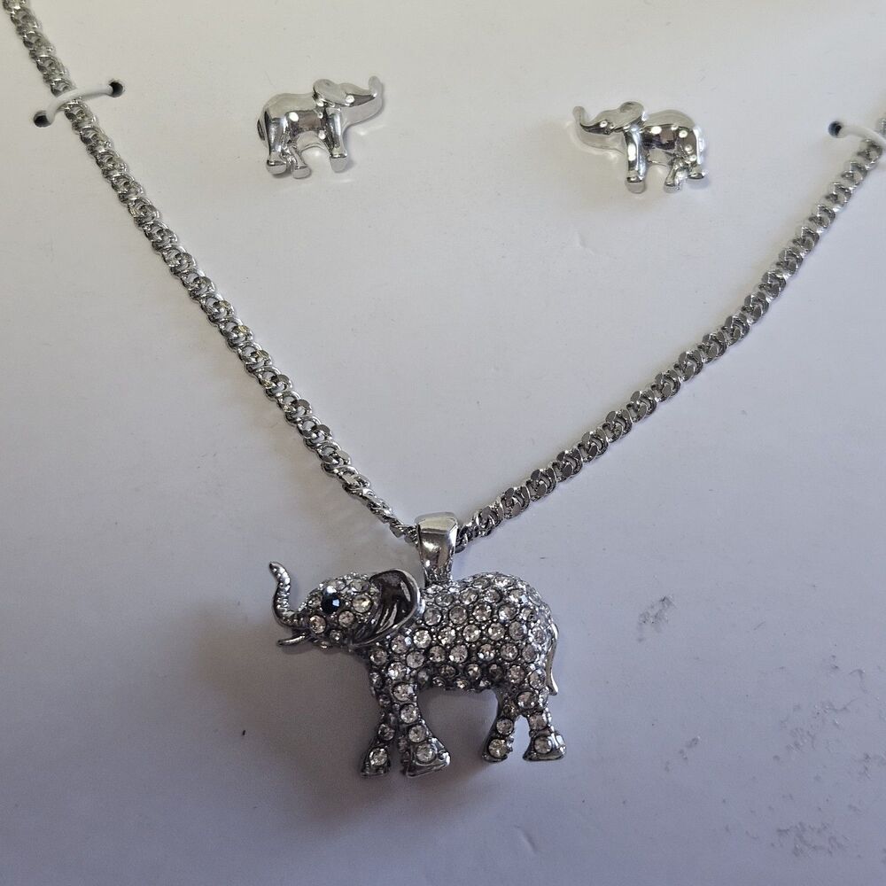 **Sale** Charter Club Silver Tone Rhinestone Elephant Necklace Earring Set NIB